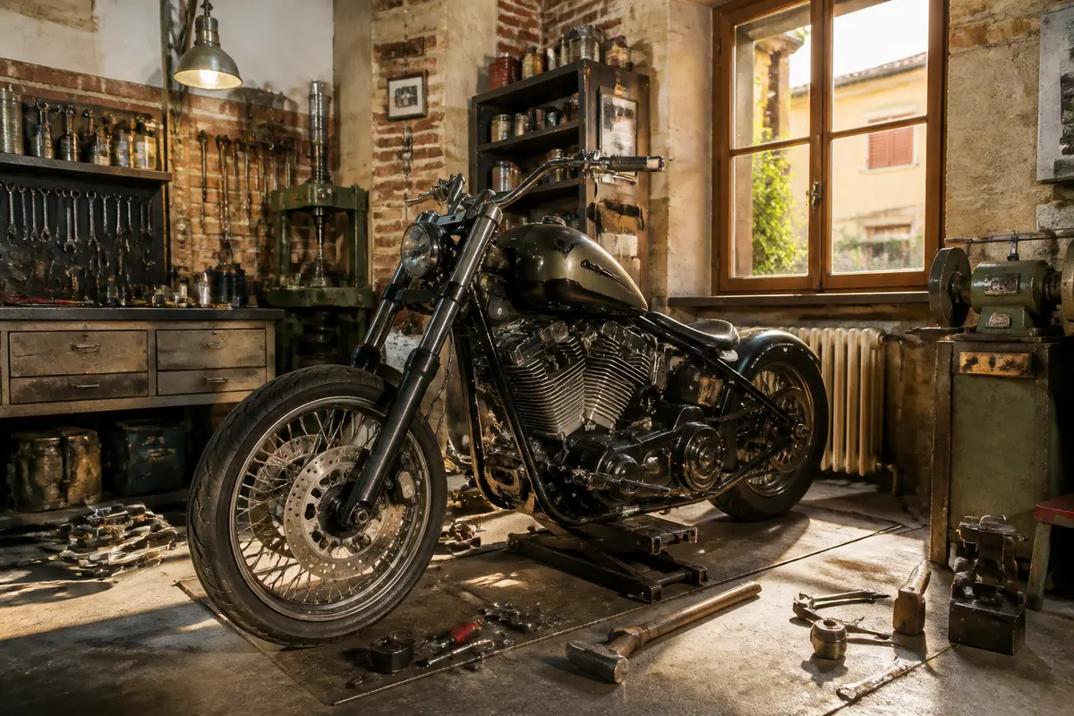 Moto custom in officina durante manutenzione di una Harley Davidson, attrezzi sparsi sul pavimento