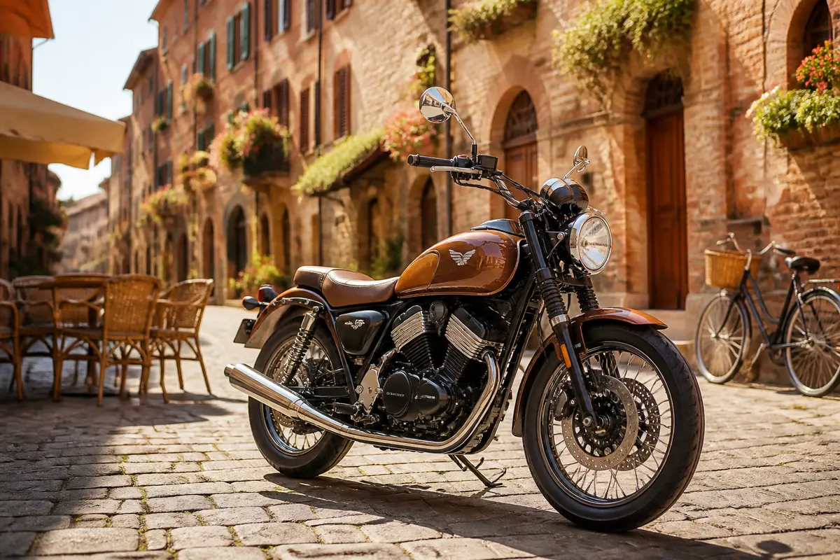 Moto Morini parcheggiata in una pittoresca strada di città, circondata da edifici storici.