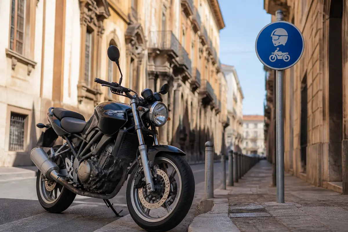Moto parcheggiata su strada urbana con segnale di casco obbligatorio, obbligo assicurazione moto ferma