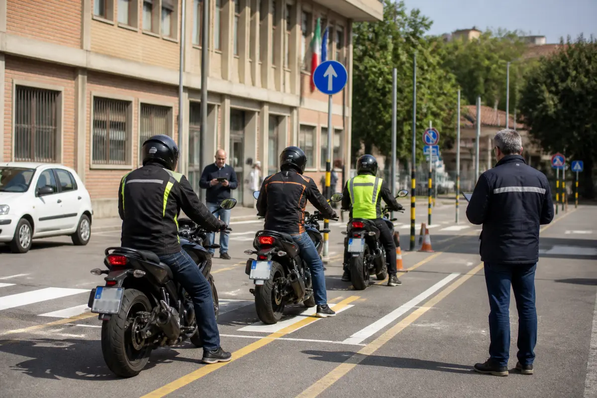 Persone in attesa di esame pratico per patenti moto su strada cittadina.