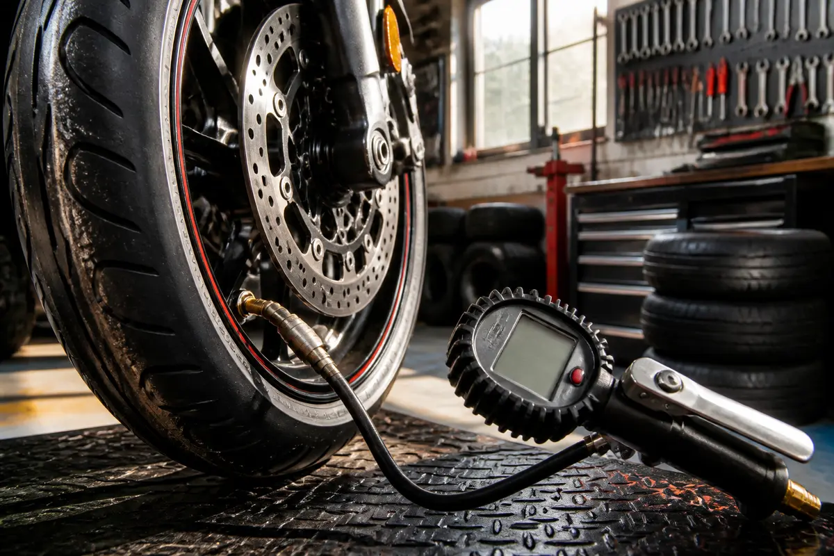 Ruota di moto in officina con manometro per misurare la pressione delle ruote moto.